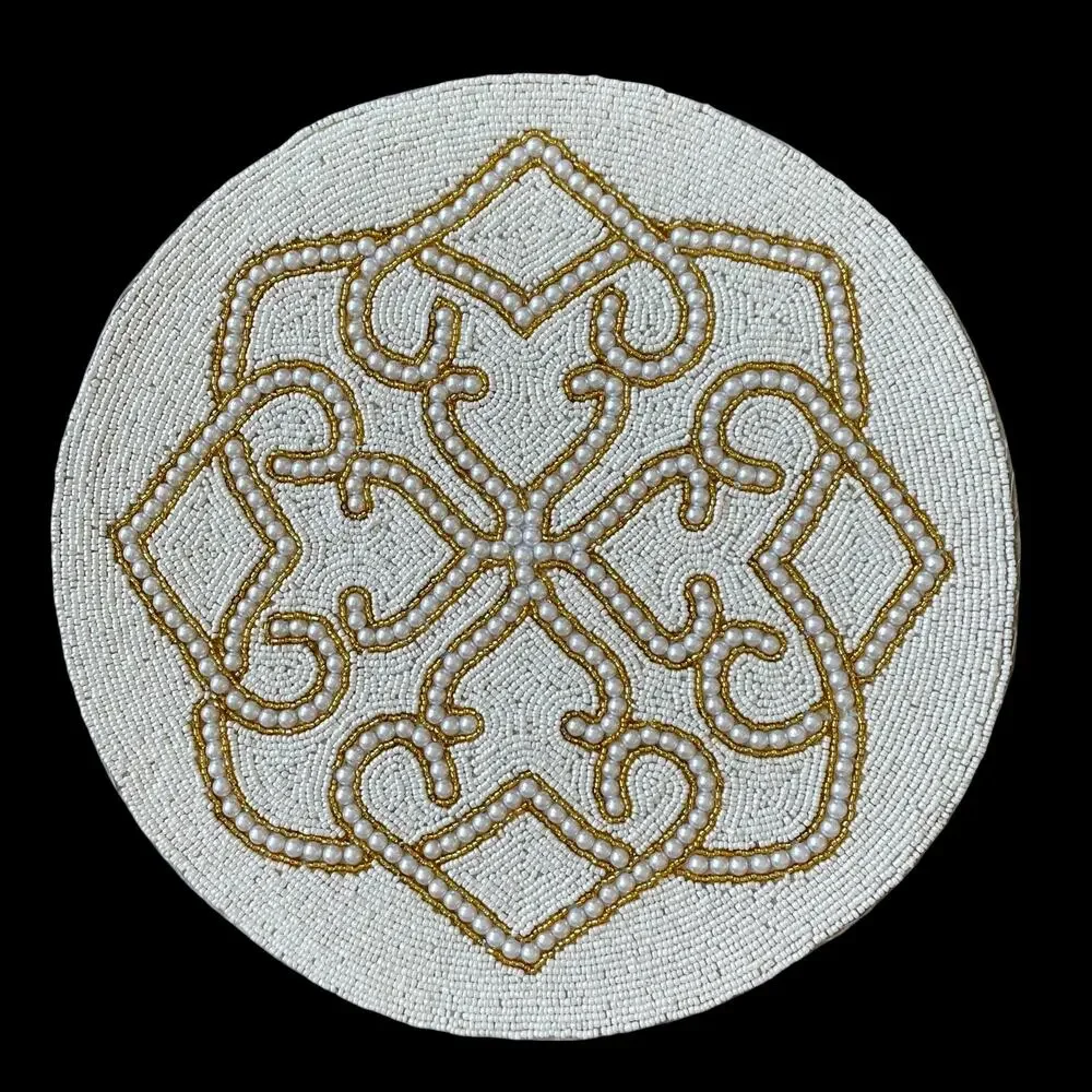 TIRAMISU Handmade Beaded 15in Round Placemat Charger Glam White & Gold NEW